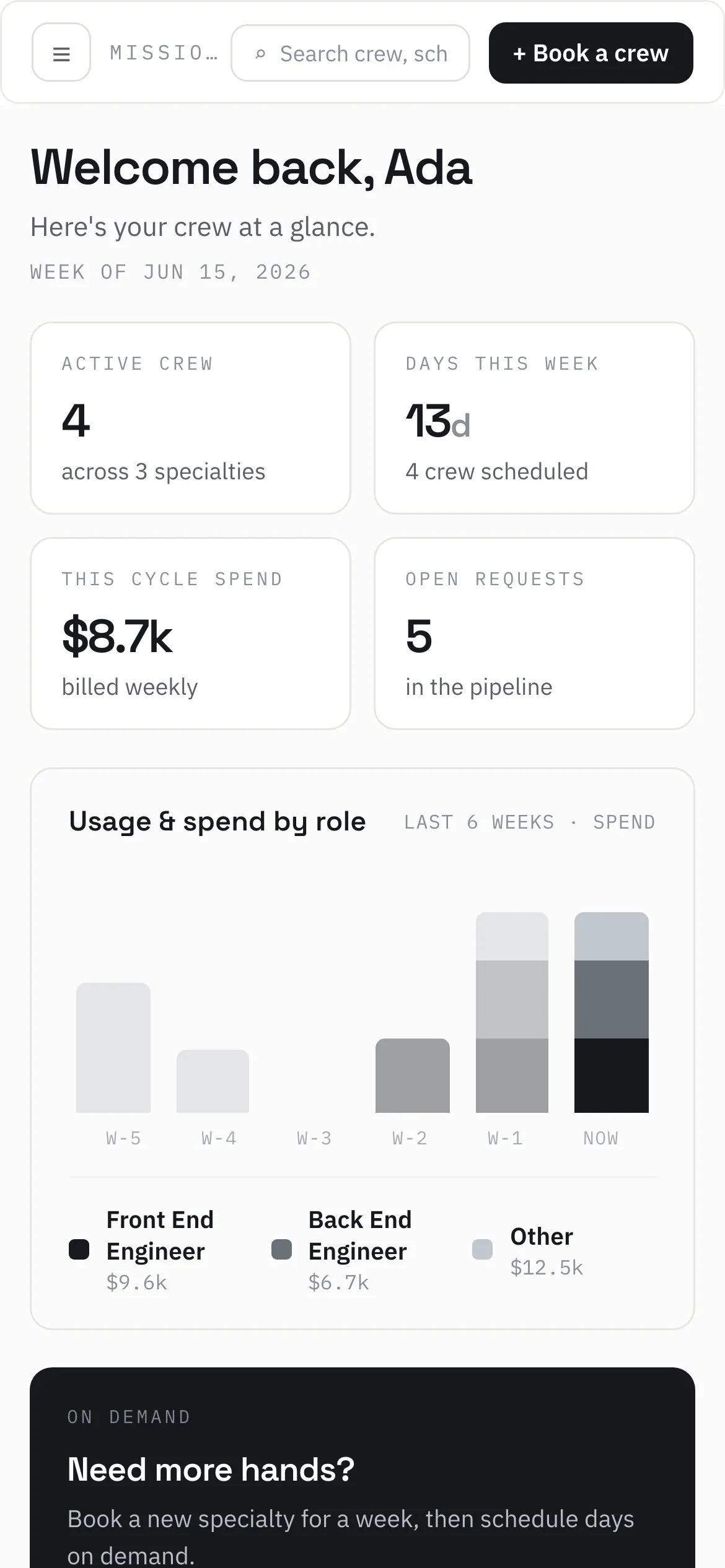 The client Mission Control at phone width, as the native app renders it