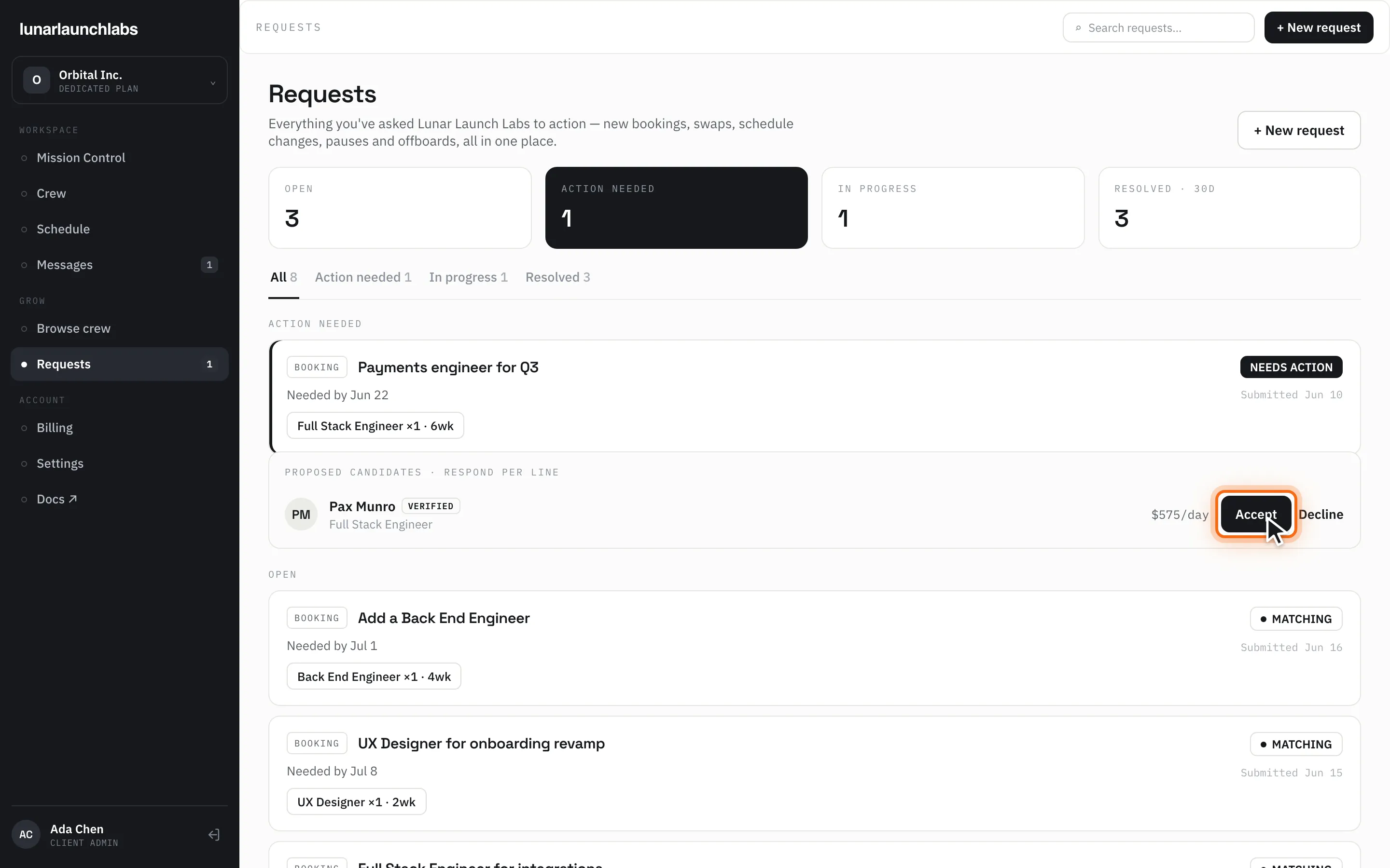 A proposal awaiting response with a named, verified candidate and the per-line “Accept” button highlighted