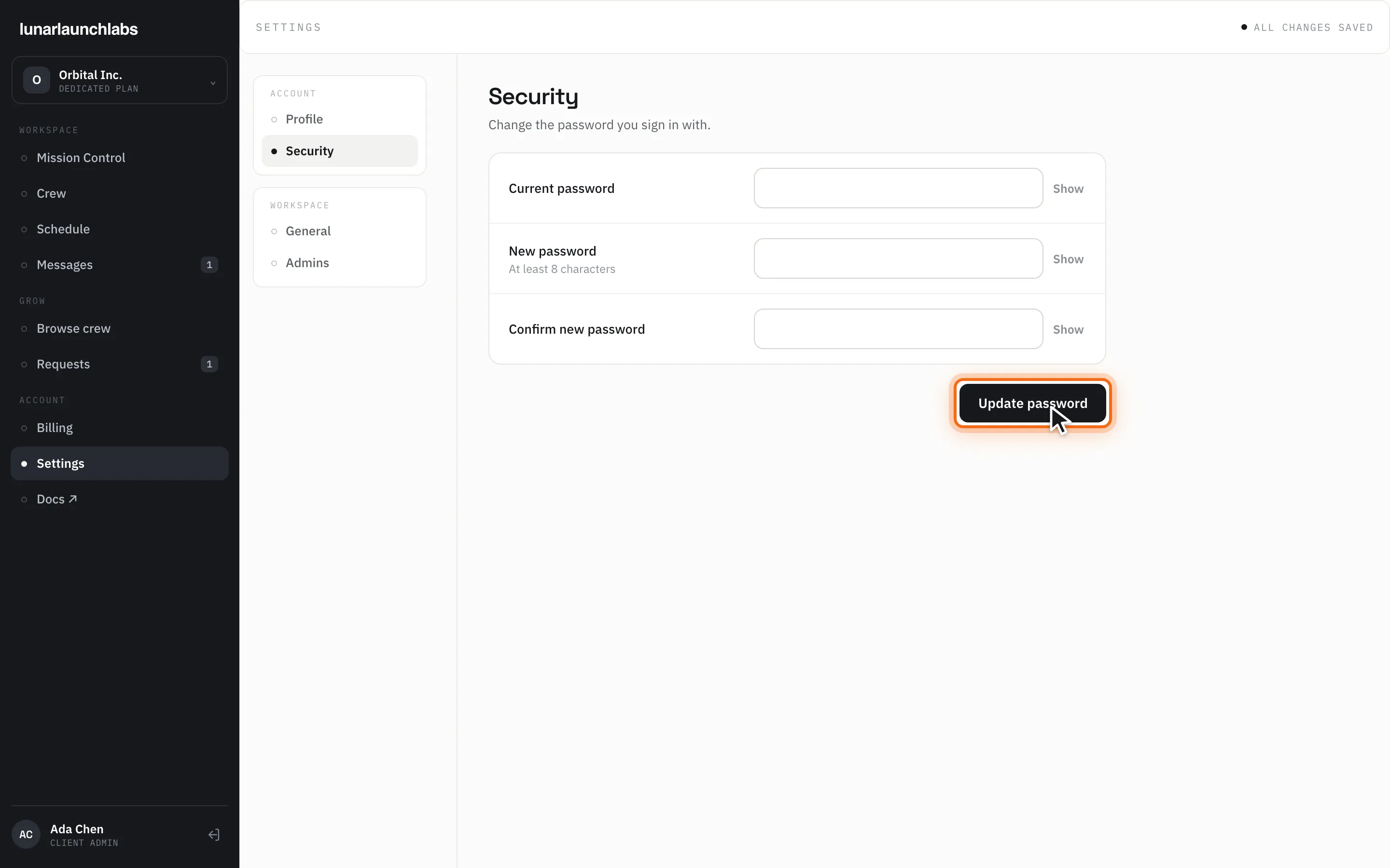 The Security section with current/new password fields and the “Update password” button highlighted